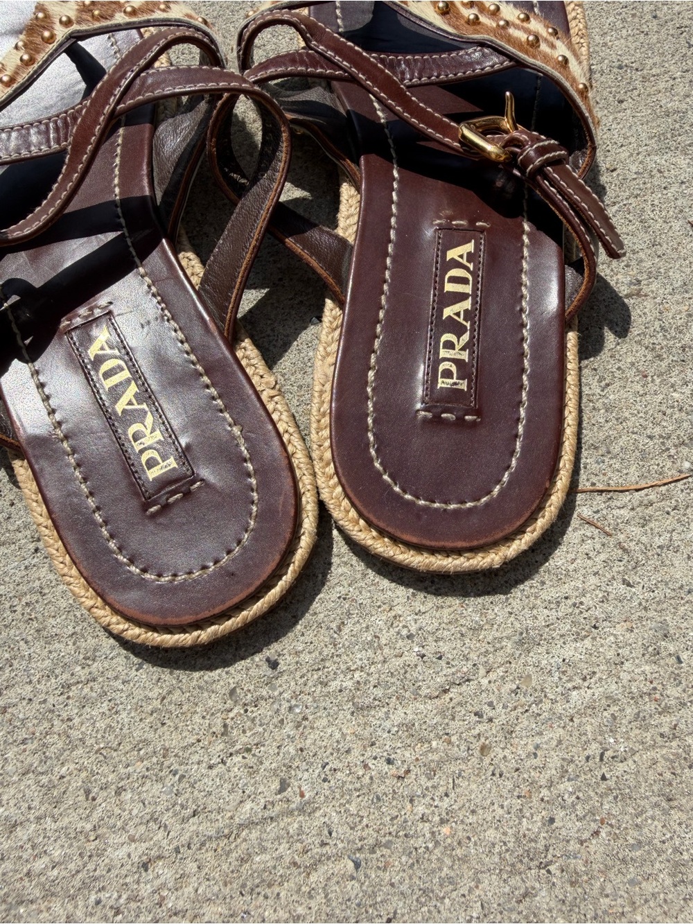Prada Brown Pony Hair Zebra Print Leather Studded Crisscross Sandals - Picture 4 of 5